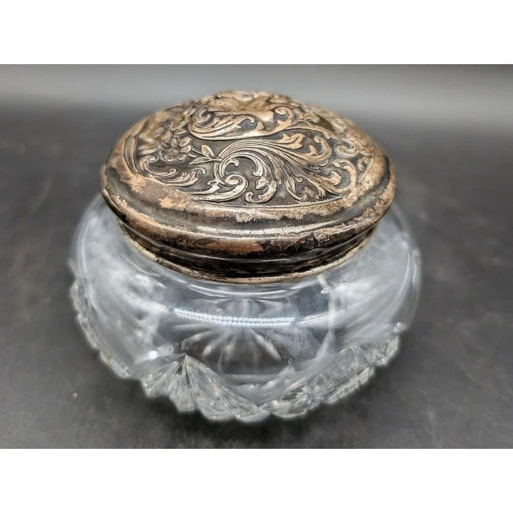 Antique Cut Glass Vanity Jar with Ornate Repousse Floral Metal Lid Starburst